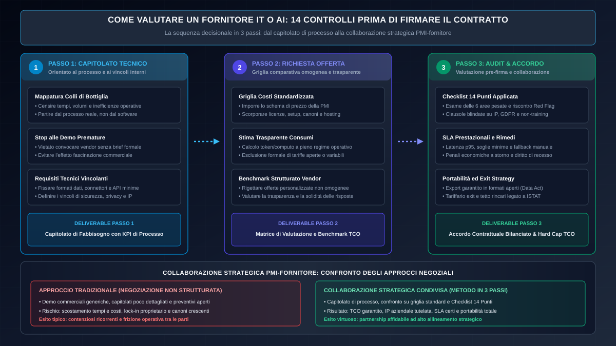 Sequenza decisionale di selezione e governance dei fornitori IT e AI per la direzione aziendale