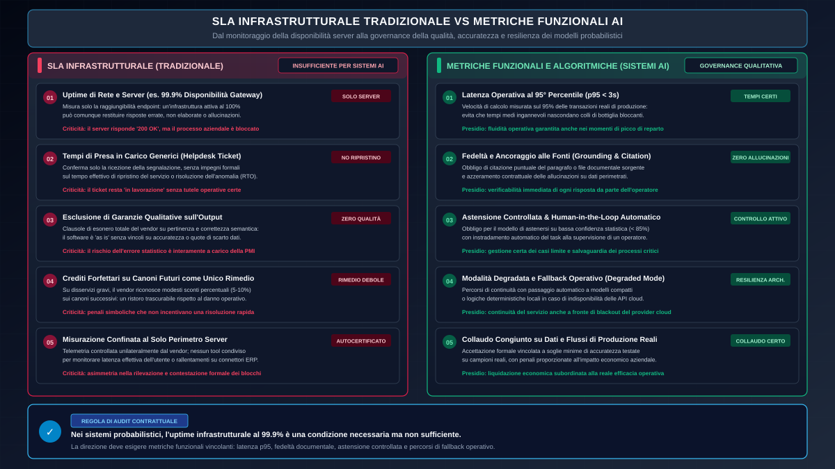 Confronto tra SLA infrastrutturale tradizionale e metriche funzionali per sistemi di intelligenza artificiale