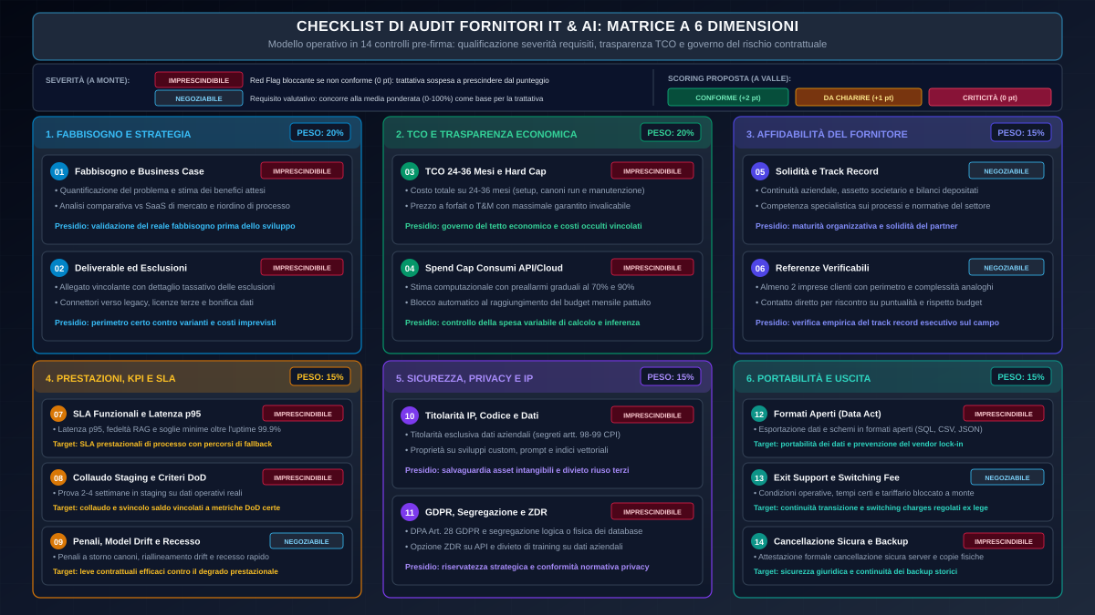 Checklist di audit e valutazione fornitori IT e AI in 14 controlli per PMI a 6 dimensioni