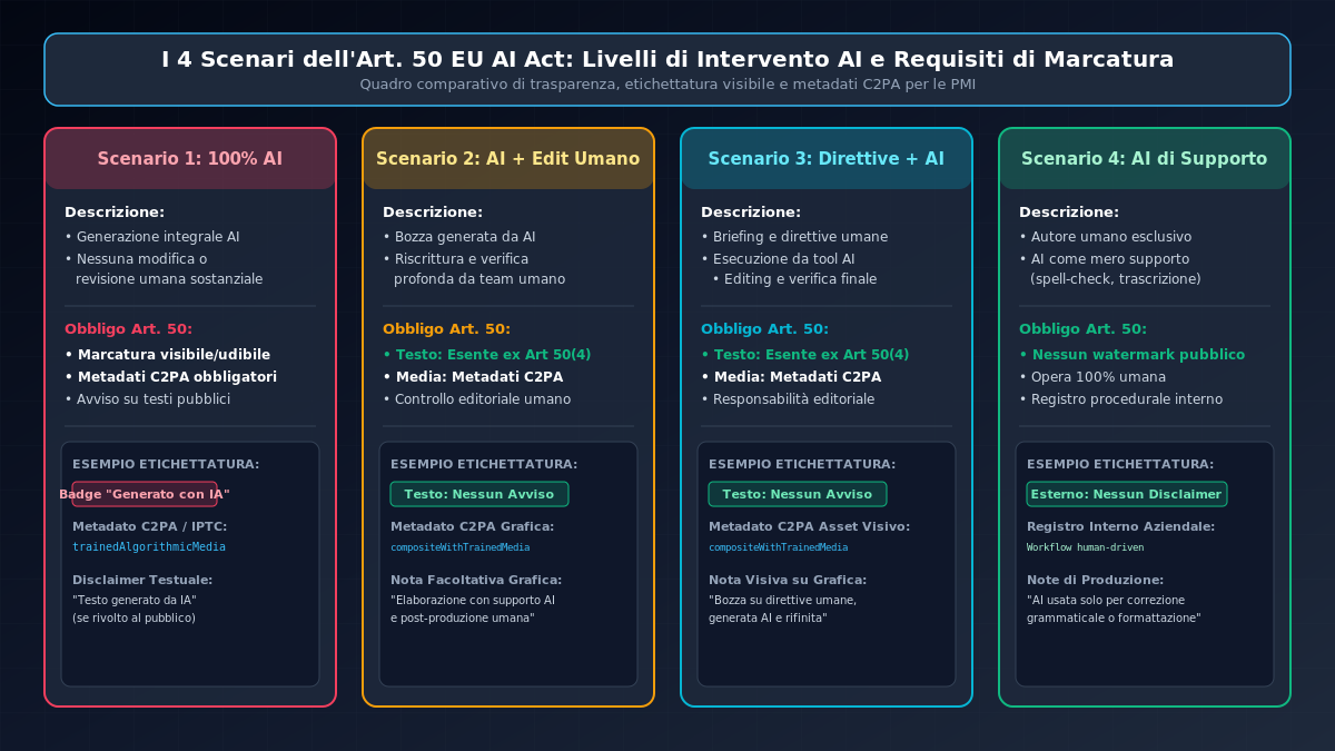 I 4 scenari dell'Art. 50 EU AI Act per la marcatura dei contenuti sintetici